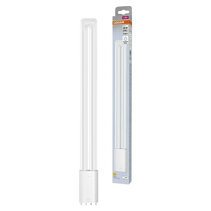 Osram LED-Röhre Dulux L - 18 W, 4,4 cm, Kaltweiß, 2.300 lm - Abbildung einer Osram LED-Lampe, 36W und 4000K, neben ihrer Verpackung. Ideal für helle und effiziente Beleuchtungslösungen.