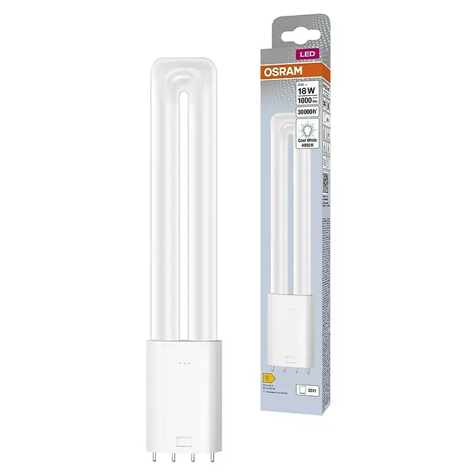 Osram LED-Röhre Dulux L - 8 W, 4,4 cm, Kaltweiß, 1.000 lm - Abbildung einer OSRAM LED-Lampe, 18 W, mit kühlem, weißem Licht (4000 K) und einer Lebensdauer von 30000 Stunden, gezeigt mit Verpackung.