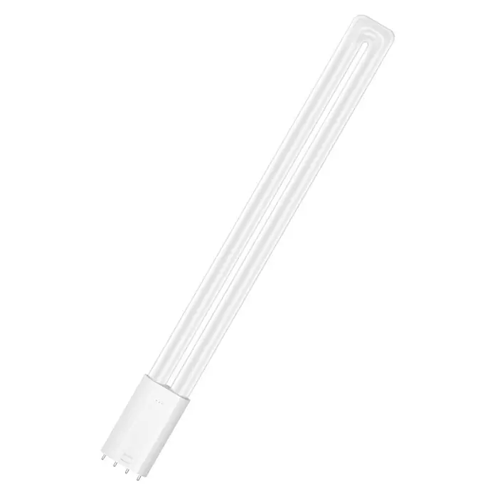 Osram LED-Röhre Dulux L - 18 W, 4,4 cm, Kaltweiß, 2.300 lm - Abbildung einer weißen Kompaktleuchtstofflampe mit zwei Röhren und einem weißen Sockel auf schwarzem Hintergrund.