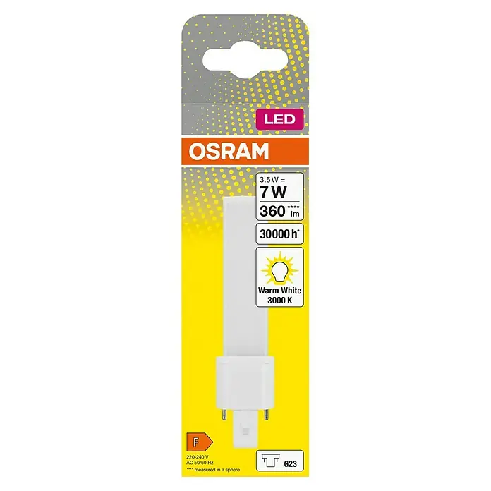 Osram LED-Röhre Dulux S - 3,5 W, 3,23 cm, Warmweiß, 360 lm - Abbildung einer LED-Lampe von Osram mit 7W Leistung, warmweißem Licht (3000K) und G23-Sockel für energieeffiziente Beleuchtung.