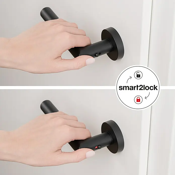 Diamond Doors Zimmertürgarnitur L-Form Premium Smart2Lock rechts - Stärke Tür: 38 mm - 45 mm, L-Form, Schwarz, DIN Anschlag: Rechts, Passend für: Türen ohne Schlüssellochbohrung, Türen mit Schlüssellochbohrung benötigen zusätzlich eine Blindrosette - Nahaufnahme des Smart2lock Türgriffs in Schwarz, der die Funktionalität und das elegante Design hervorhebt.