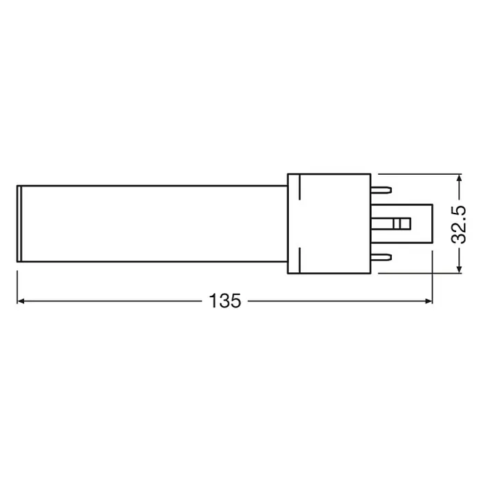 Osram LED-Röhre Dulux S - 3,5 W, 3,23 cm, Warmweiß, 360 lm - Produktbild eines Kompaktleuchtstofflampe mit den Maßen 135 x 32.5 mm, technische Zeichnung für Kataloge oder Montageanleitungen.