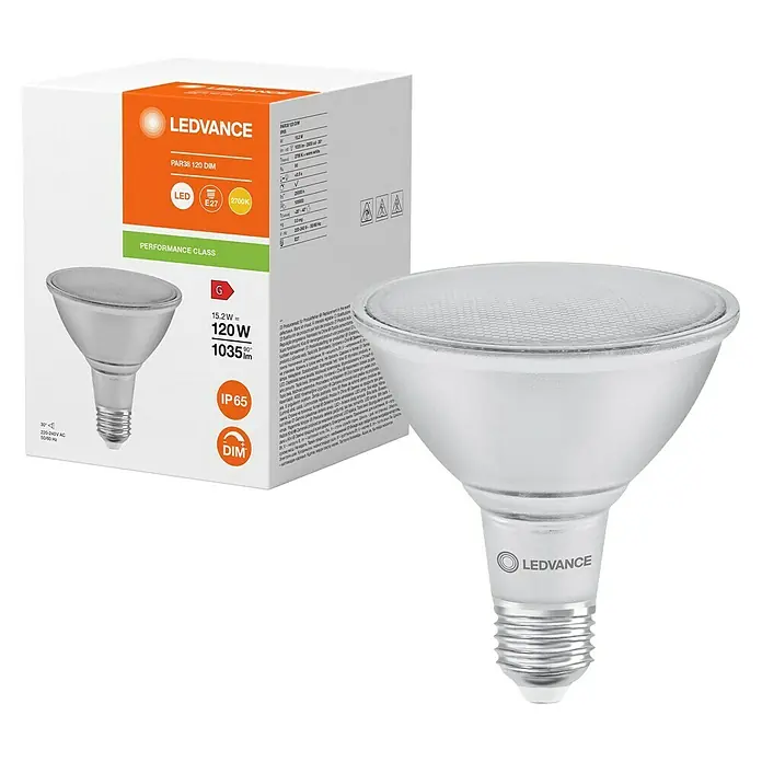 Ledvance LED-Lampe PAR38 P - E27, Dimmbar, Warmweiß, 1.035 lm, 15,5 W - Nahaufnahme einer LEDVANCE PAR38 120 DIM LED-Lampe mit E27-Sockel, die energieeffizientes Licht mit 15,2 W bietet und dimmbar ist.