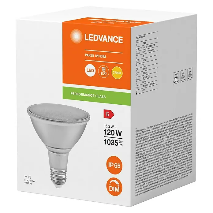 Ledvance LED-Lampe PAR38 P - E27, Dimmbar, Warmweiß, 1.035 lm, 15,5 W - Produktverpackung der LEDVANCE PAR38 120 DIM LED-Lampe mit E27-Sockel.