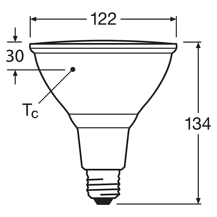 Ledvance LED-Lampe PAR38 P - E27, Nicht Dimmbar, Warmweiß, 1.035 lm, 13,5 W, Ausstrahlungswinkel: 30 ° - Technische Zeichnung einer LED-Lampe mit den Maßen 122 mm Breite und 134 mm Höhe. Wichtige Details sind markiert.