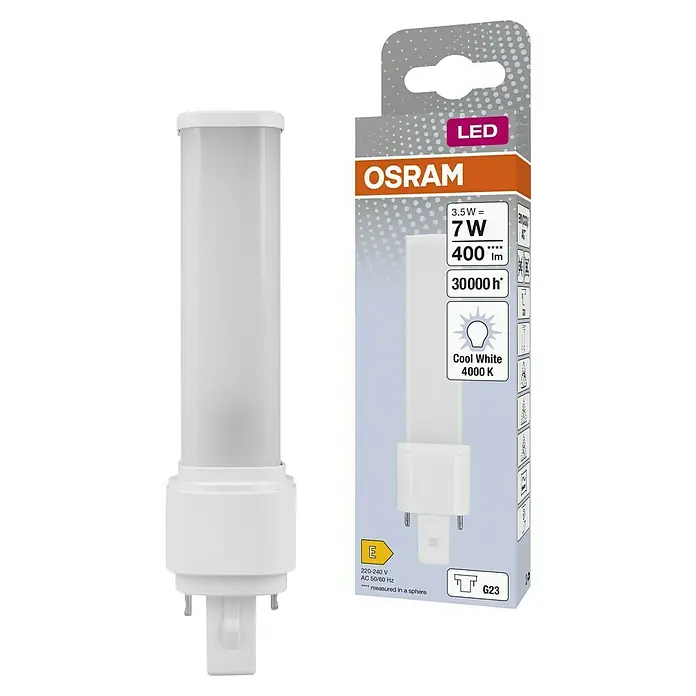 Osram LED-Röhre Dulux S - 3,5 W, 3,23 cm, Kaltweiß, 400 lm - Abbildung einer Osram LED-Lampe mit 7W Leistung, 400 Lumen und einer Farbtemperatur von 4000K (Cool White) in Originalverpackung.