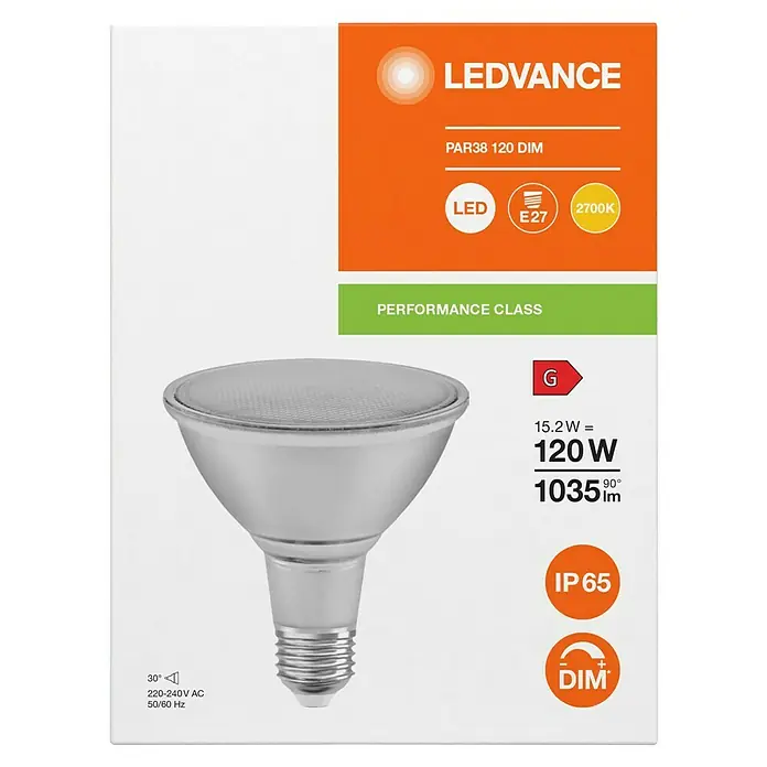 Ledvance LED-Lampe PAR38 P - E27, Dimmbar, Warmweiß, 1.035 lm, 15,5 W - LEDVANCE PAR38 120 DIM LED Lampe: Energieeffiziente Lampe mit E27 Sockel, 2700K Farbtemperatur und Dimmfunktion für angenehme Beleuchtung.