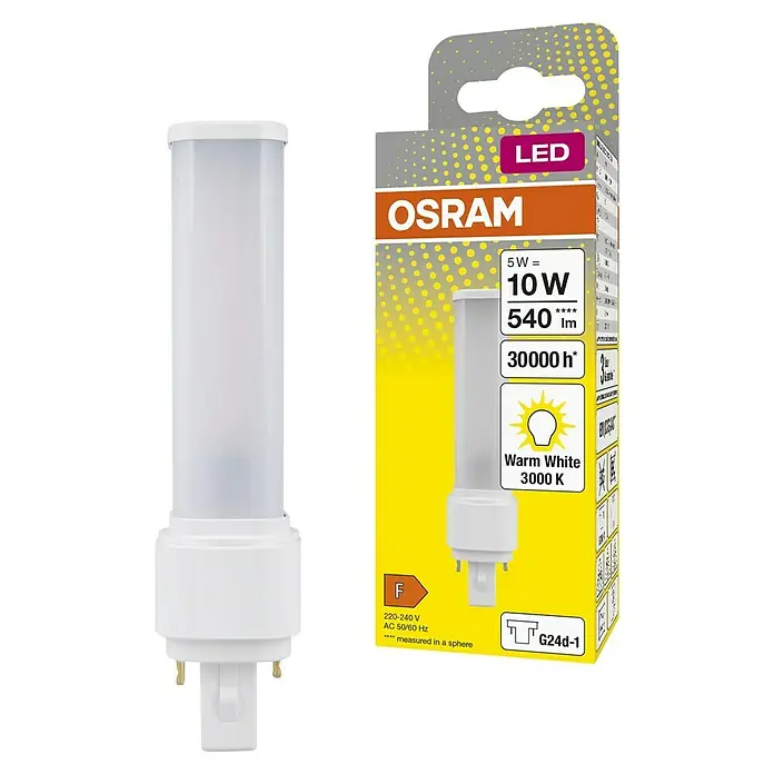Osram Dulux D LED-Röhre - 5 W, Warmweiß, 540 lm - Produktbild einer Osram LED-Lampe G24d-1 mit 10W Leistung, warmweißem Licht (3000K) und einer Lebensdauer von 30000 Stunden.