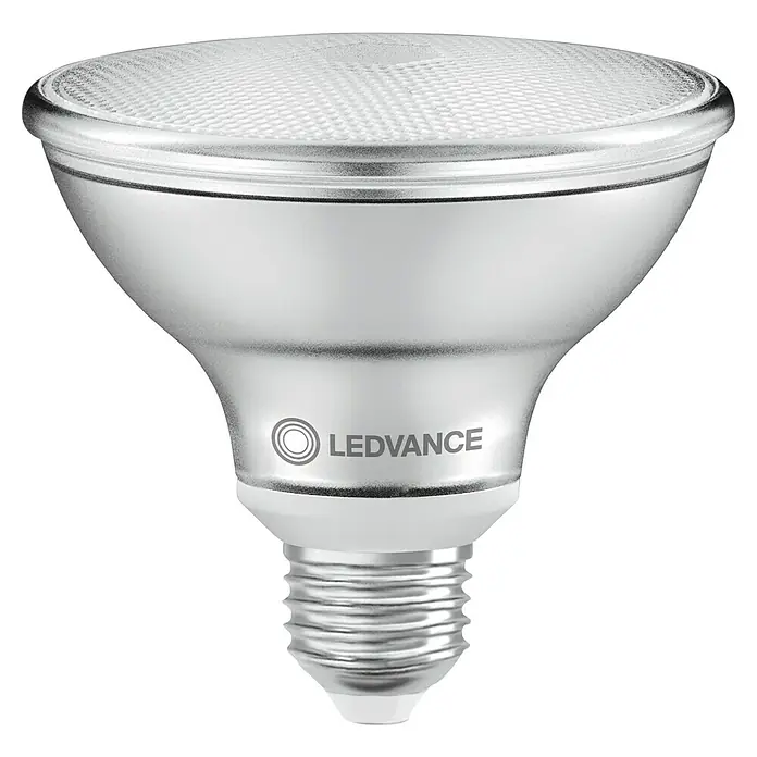 Ledvance LED-Lampe PAR30 P - E27, Dimmbar, Warmweiß, 633 lm, 10 W - Nahaufnahme einer LEDVANCE-Lampe mit Gewindeanschluss, ideal für energiesparende Beleuchtung und moderne Designs.