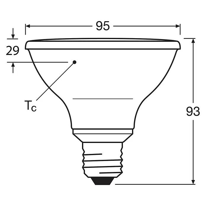 Ledvance LED-Lampe PAR30 P - E27, Dimmbar, Warmweiß, 633 lm, 10 W - Produktabbildung einer LED-Lampe mit den Maßen 95 mm Breite und 93 mm Höhe, sowie 29 mm für den oberen Teil.
