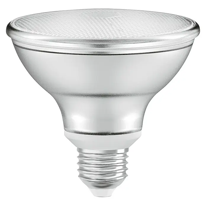 Ledvance LED-Lampe PAR30 P - E27, Dimmbar, Warmweiß, 633 lm, 10 W - Nahaufnahme einer silbernen LED-Lampe mit Schraubsockel auf schwarzem Hintergrund. Effiziente Beleuchtung für Ihr Zuhause.