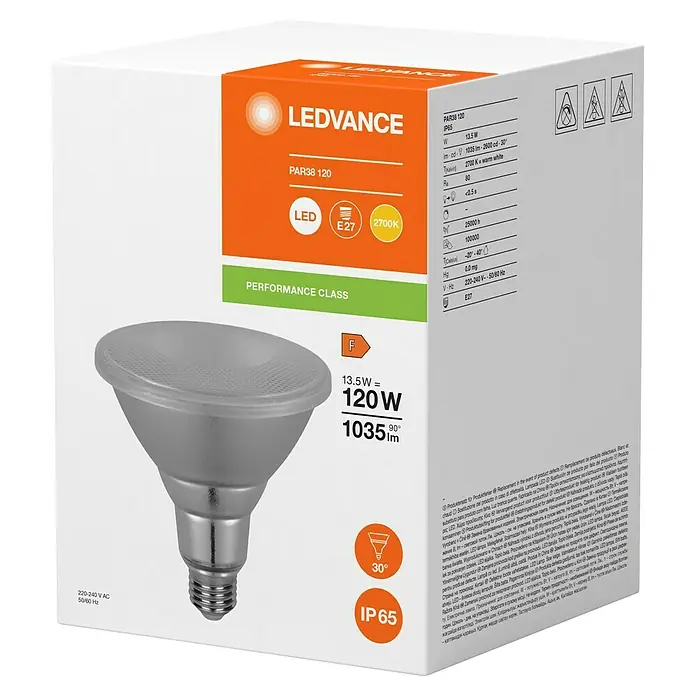 Ledvance LED-Lampe PAR38 P - E27, Nicht Dimmbar, Warmweiß, 1.035 lm, 13,5 W, Ausstrahlungswinkel: 30 ° - LEDVANCE PAR38 120 LED-Lampe. Energiesparend, langlebig, ideal für Akzentbeleuchtung.