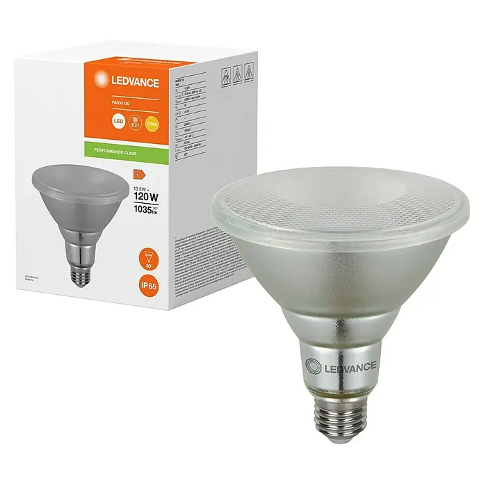 Ledvance LED-Lampe PAR38 P - E27, Nicht Dimmbar, Warmweiß, 1.035 lm, 13,5 W, Ausstrahlungswinkel: 30 ° - LEDVANCE PAR38 120 LED-Lampe mit E27-Sockel, energiesparend und langlebig, zusammen mit der Produktverpackung.