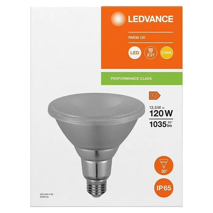 Ledvance LED-Lampe PAR38 P - E27, Nicht Dimmbar, Warmweiß, 1.035 lm, 13,5 W, Ausstrahlungswinkel: 30 ° - Produktverpackung einer LEDVANCE PAR38 120 LED-Lampe, die Energieeffizienz, Lumen und weitere Spezifikationen hervorhebt.