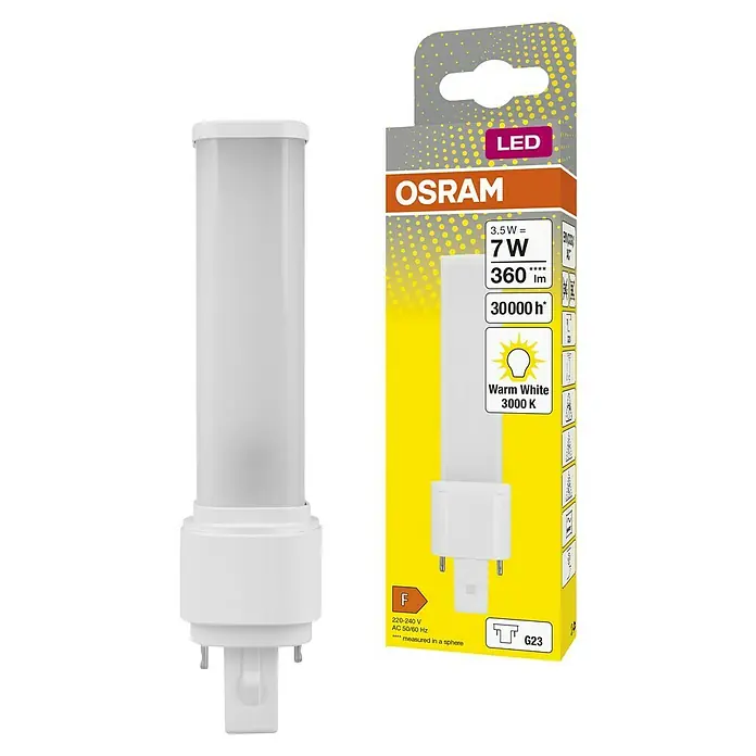 Osram LED-Röhre Dulux S - 3,5 W, 3,23 cm, Warmweiß, 360 lm - LED-Lampe von OSRAM. Die Lampe ist weiß, hat 7 W, erzeugt warmweißes Licht mit 3000 K und hat eine Lebensdauer von 30000 Stunden.