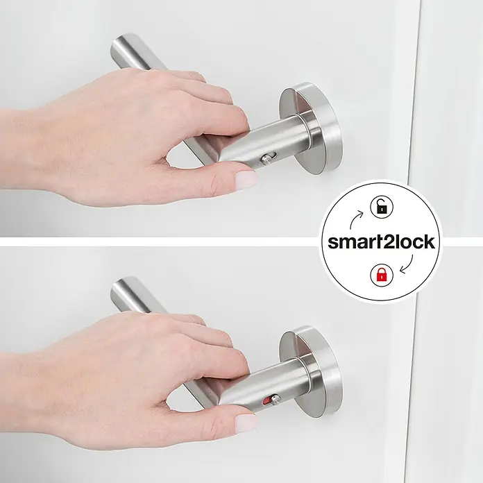 Diamond Doors Zimmertürgarnitur L-Form Premium Smart2Lock links - Stärke Tür: 38 mm - 45 mm, L-Form, Edelstahl matt, DIN Anschlag: Links, Passend für: Türen ohne Schlüssellochbohrung, Türen mit Schlüssellochbohrung benötigen zusätzlich eine Blindrosette - Die Abbildung zeigt eine Smart2Lock-Türgarnitur mit Handbetätigung und Verriegelungsfunktion für mehr Sicherheit.