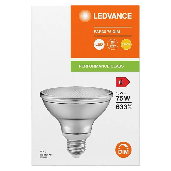 Ledvance LED-Lampe PAR30 P - E27, Dimmbar, Warmweiß, 633 lm, 10 W - Produktverpackung: LEDVANCE PAR30 75 DIM LED-Lampe mit E27-Sockel, 10W entspricht 75W, 633 Lumen, dimmbar und Energieklasse G.