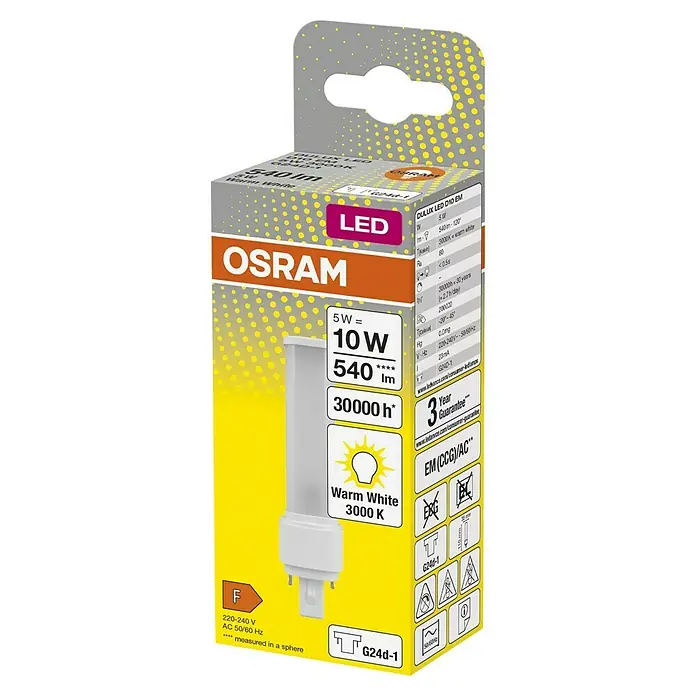 Osram Dulux D LED-Röhre - 5 W, Warmweiß, 540 lm - Nahaufnahme der Verpackung einer OSRAM DULUX LED D10 EM Lampe, die energiesparende Beleuchtung mit langer Lebensdauer verspricht.