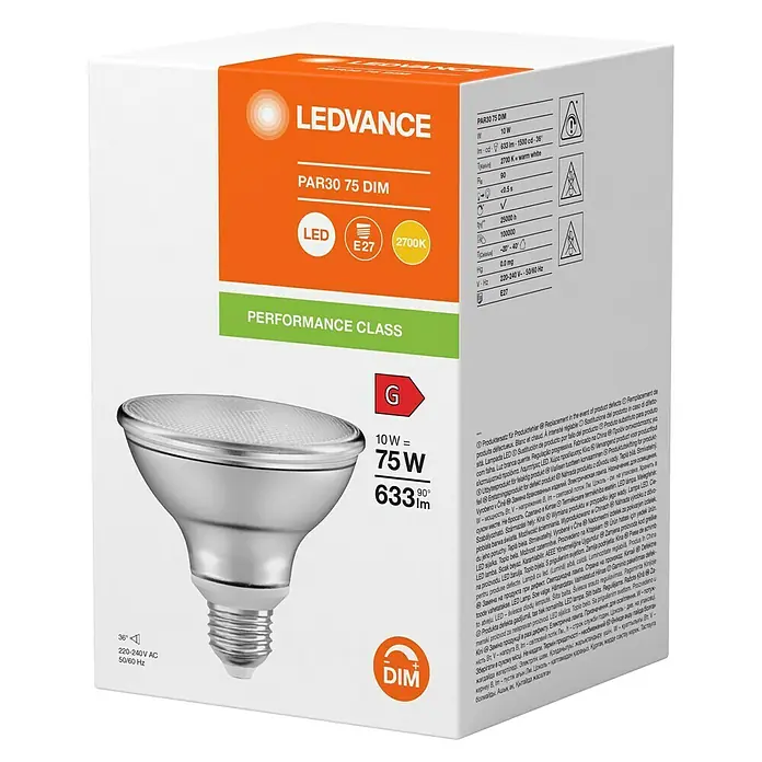Ledvance LED-Lampe PAR30 P - E27, Dimmbar, Warmweiß, 633 lm, 10 W - LEDVANCE PAR30 75 DIM LED-Lampe mit E27-Sockel, 10W Leistung, 2700K warmweißes Licht und G-Energieeffizienzklasse für angenehme Beleuchtung.