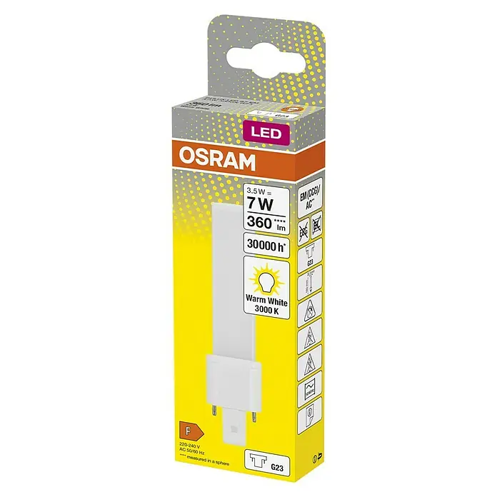 Osram LED-Röhre Dulux S - 3,5 W, 3,23 cm, Warmweiß, 360 lm - Nahaufnahme der Verpackung einer Osram LED-Lampe, die warmweißes Licht mit 3000 K und einer Leistung von 7W ausstrahlt.