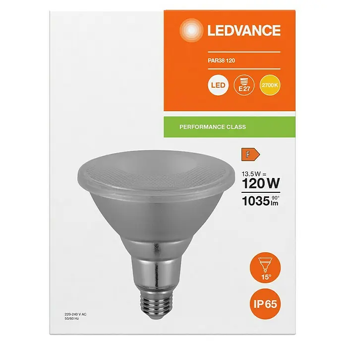 Ledvance LED-Lampe PAR38 P - E27, Nicht Dimmbar, Warmweiß, 1.035 lm, 13,5 W, Ausstrahlungswinkel: 15 ° - Ein LEDVANCE PAR38 120 LED-Strahler mit E27-Sockel, 120W Entspricht, 1035 Lumen und 2700K Farbtemperatur, dargestellt auf der Produktverpackung.
