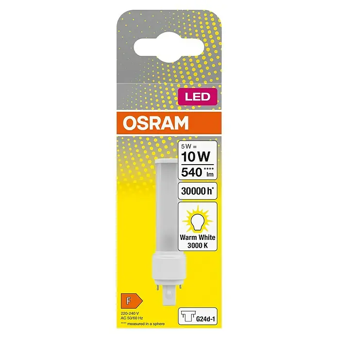 Osram Dulux D LED-Röhre - 5 W, Warmweiß, 540 lm - LED Lampe von Osram mit 5W Leistung, entspricht 10W, 540 Lumen, 30.000 Stunden Lebensdauer und warmweißem Licht (3000K), G24d-1 Sockel.