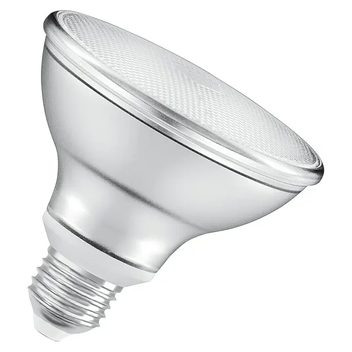 Ledvance LED-Lampe PAR30 P - E27, Dimmbar, Warmweiß, 633 lm, 10 W - Nahaufnahme einer silbernen PAR20 LED-Lampe mit Schraubsockel vor schwarzem Hintergrund für stimmungsvolle Beleuchtung.