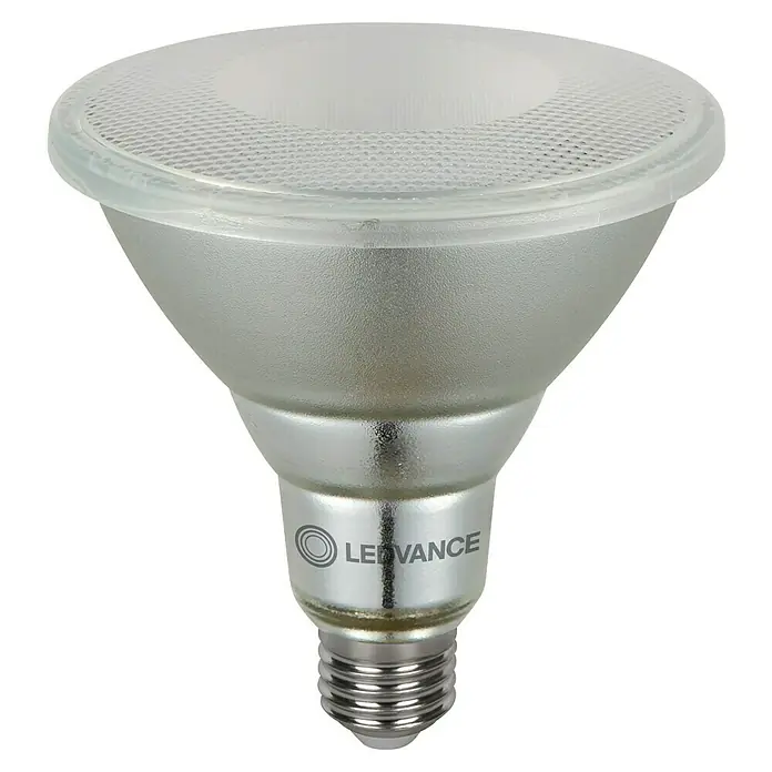 Ledvance LED-Lampe PAR38 P - E27, Nicht Dimmbar, Warmweiß, 1.035 lm, 13,5 W, Ausstrahlungswinkel: 30 ° - Nahaufnahme einer LEDVANCE LED-Lampe mit E27-Sockel, ideal für effiziente Beleuchtung und Energieeinsparung.
