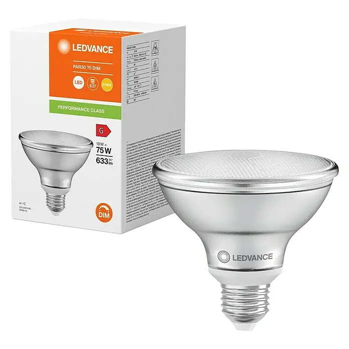 Ledvance LED-Lampe PAR30 P - E27, Dimmbar, Warmweiß, 633 lm, 10 W - Abgebildet ist eine LEDVANCE PAR30 75 DIM LED-Lampe mit E27-Sockel, die 75W entspricht, energiesparend ist und dimmbar ist.