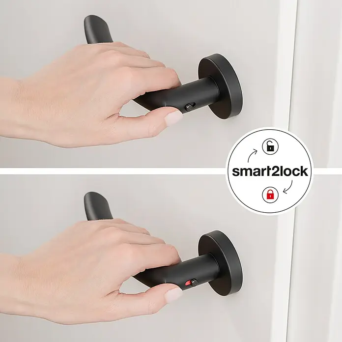 Diamond Doors Zimmertürgarnitur Wisconsin Smart2Lock links - Stärke Tür: 38 mm - 45 mm, L-Form, Schwarz, DIN Anschlag: Links, Passend für: Türen ohne Schlüssellochbohrung, Türen mit Schlüssellochbohrung benötigen zusätzlich eine Blindrosette - Schwarzer Türgriff mit Smart2Lock-Funktion in zwei Zuständen: offen und geschlossen, dargestellt mit Symbolen.