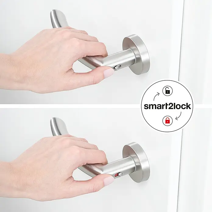 Diamond Doors Zimmertürgarnitur Wisconsin Smart2Lock links - Stärke Tür: 38 mm - 45 mm, L-Form, Edelstahl matt, DIN Anschlag: Links, Passend für: Türen ohne Schlüssellochbohrung, Türen mit Schlüssellochbohrung benötigen zusätzlich eine Blindrosette - Smart2lock Türgriff in Aktion gezeigt. Ideal für moderne Inneneinrichtungen und bietet Komfort und Sicherheit.