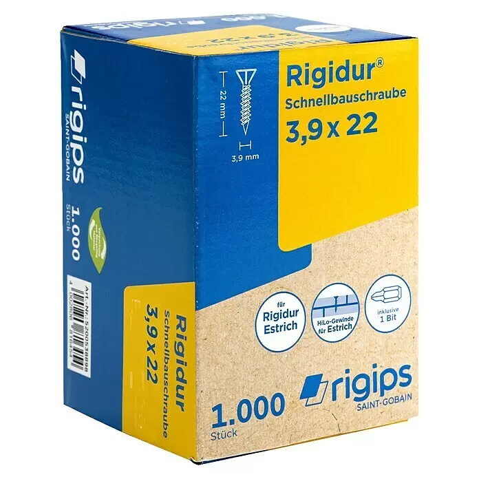 Rigips Rigidur Schnellbauschrauben - Durchmesser: 3,9 mm, Länge: 22 mm, 1.000 Stk. - Eine blau-gelbe Schachtel Rigidur 3,9x22 mm Schnellbauschrauben (1.000 St.), zeigt Schraubenmaße und HiLo-Gewinde für Estrichanwendungen, inkl. 1 Bit.