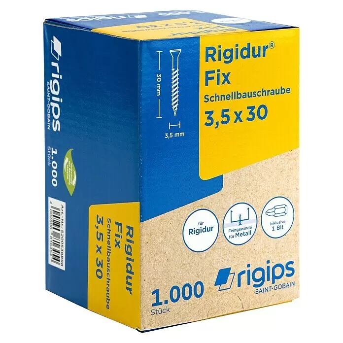 Rigips Rigidur Schnellbauschrauben - Durchmesser: 3,5 mm, Länge: 30 mm, 1.000 Stk. - Blaue und gelbe Schachtel mit 1.000 Rigidur Fix Schnellbauschrauben 3,5x30 mm, Feingewinde für Metall, inkl. 1 Bit.