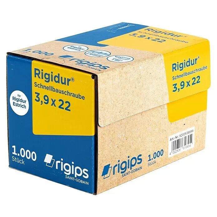 Rigips Schnellbauschrauben - Durchmesser: 3,9 mm, Länge: 19 mm, 1.000 Stk. - Karton mit 1000 Rigidur 3,9x22 Schnellbauschrauben für Estrich, mit blauer und gelber Beschriftung.