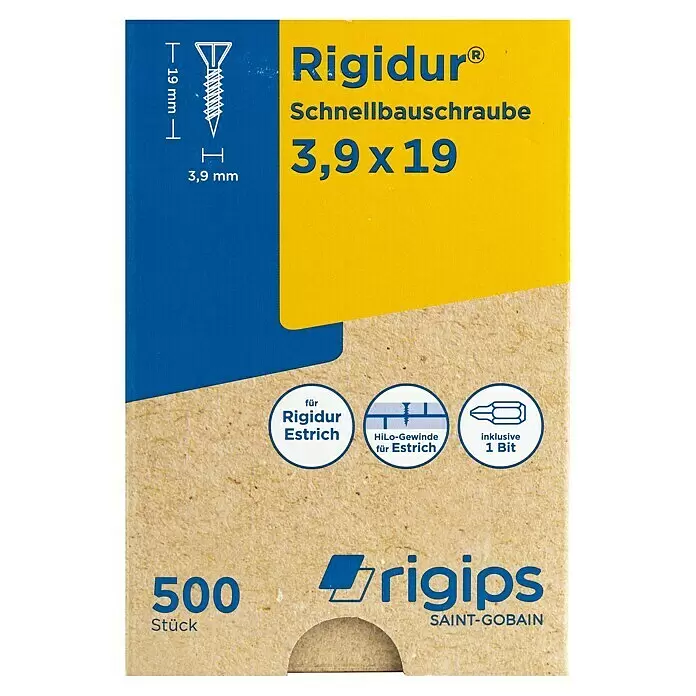 Rigips Schnellbauschrauben - Durchmesser: 3,9 mm, Länge: 19 mm, 500 Stk. - Packung Rigidur Schnellbauschrauben 3,9x19 mm für Estrich, 500 Stück, inkl. 1 Bit.