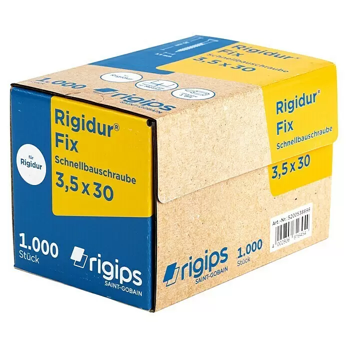 Rigips Rigidur Schnellbauschrauben - Durchmesser: 3,5 mm, Länge: 30 mm, 1.000 Stk. - Braune und blaue Packung mit 1000 Rigidur Fix Schnellbauschrauben, 3,5x30 mm.