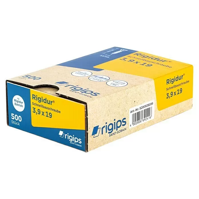 Rigips Schnellbauschrauben - Durchmesser: 3,9 mm, Länge: 19 mm, 500 Stk. - Karton mit 500 Rigidur Schnellbauschrauben 3,9x19 für Rigidur Estrich in Gelb und Blau.