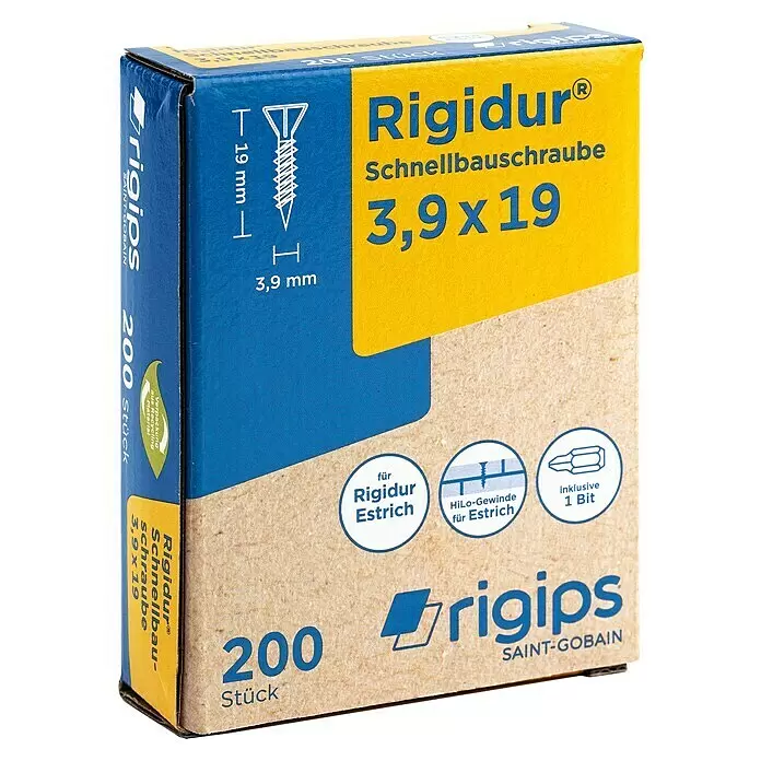 Rigips Schnellbauschrauben - Durchmesser: 3,9 mm, Länge: 19 mm, 200 Stk. - Rigidur Schnellbauschrauben 3,9x19 mm, 200 Stück im blau-gelben Karton, für Rigidur Estrich, inkl. 1 Bit.