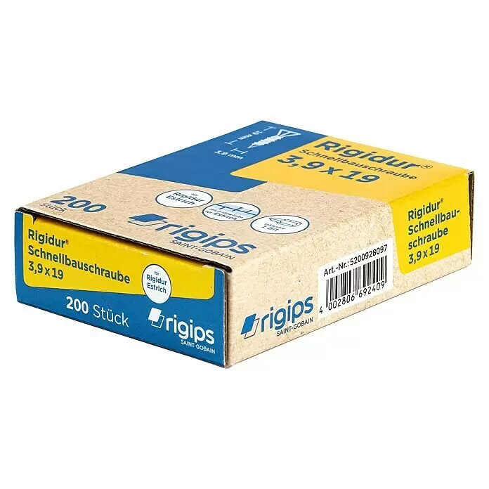Rigips Schnellbauschrauben - Durchmesser: 3,9 mm, Länge: 19 mm, 200 Stk. - Karton mit Rigidur Schnellbauschrauben 3,9x19 für Estrich, 200 Stück, inkl. Bit. Mit HiLo-Gewinde.