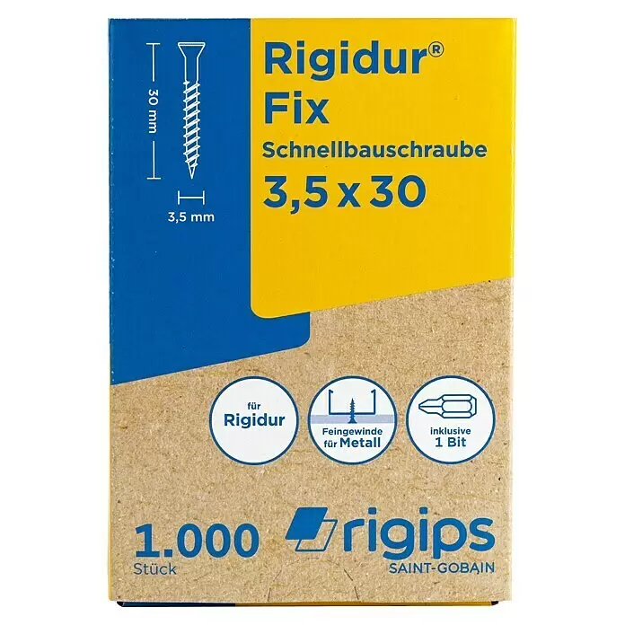 Rigips Schnellbauschrauben - Durchmesser: 3,9 mm, Länge: 19 mm, 1.000 Stk. - Box mit 1000 Rigidur Fix Schnellbauschrauben 3,5x30 mm, Feingewinde für Metall, inkl. 1 Bit, in gelb-blauer Verpackung.