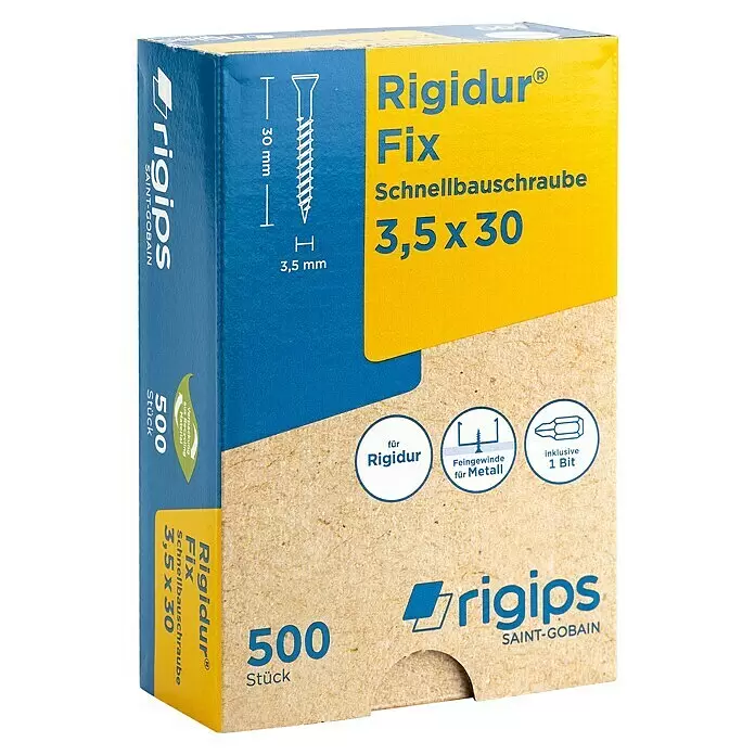 Rigips Rigidur Schnellbauschrauben - Durchmesser: 3,5 mm, Länge: 30 mm, 500 Stk. - Karton Rigidur Fix Schnellbauschrauben, 3,5 x 30 mm, 500 Stück, für Rigidur und Metall, inkl. 1 Bit.