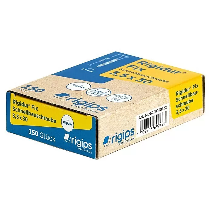 Rigips Rigidur Schnellbauschrauben - Durchmesser: 3,5 mm, Länge: 30 mm, 150 Stk. - Karton mit Rigidur Fix Schnellbauschrauben, 150 Stück, 3,5x30, für Metall, mit blau-gelbem Branding.