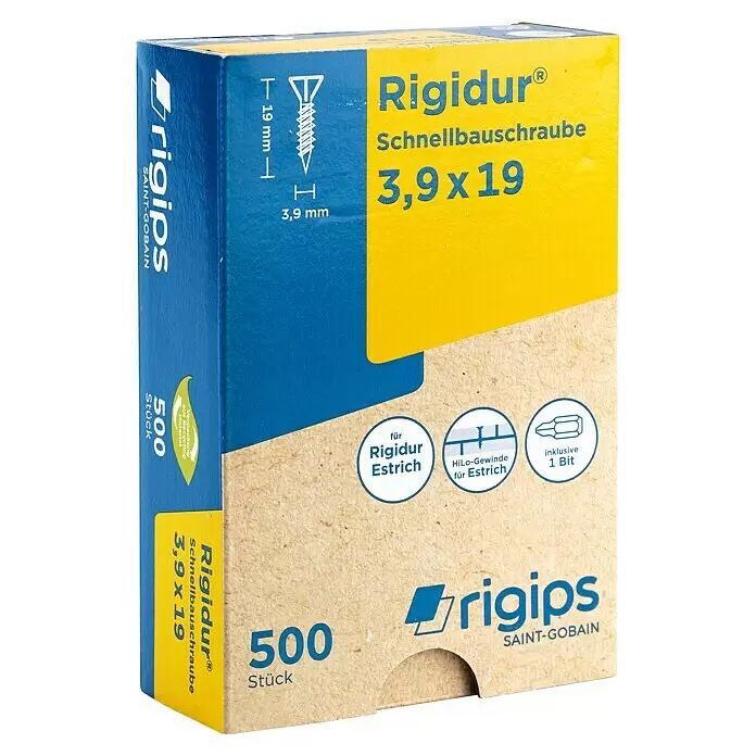 Rigips Schnellbauschrauben - Durchmesser: 3,9 mm, Länge: 19 mm, 500 Stk. - Blau-gelbe Schachtel Rigidur Schnellbauschrauben, 3,9x19mm, 500 Stück, für Estrich, inkl. 1 Bit.