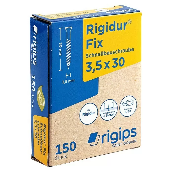 Rigips Rigidur Schnellbauschrauben - Durchmesser: 3,5 mm, Länge: 30 mm, 150 Stk. - Karton Rigips Rigidur Fix Schnellbauschrauben, 3,5x30mm, 150 Stück, mit Bit, für Rigidur und Metall.