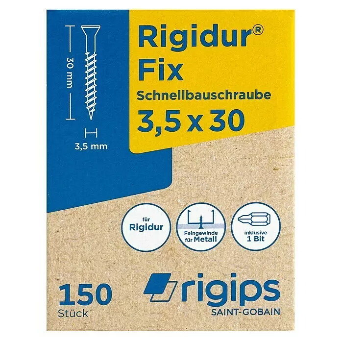 Rigips Rigidur Schnellbauschrauben - Durchmesser: 3,5 mm, Länge: 30 mm, 150 Stk. - Verpackung mit 150 Rigips Rigidur Fix Schnellbauschrauben, 3,5x30mm, Feingewinde für Metall, inkl. 1 Bit.