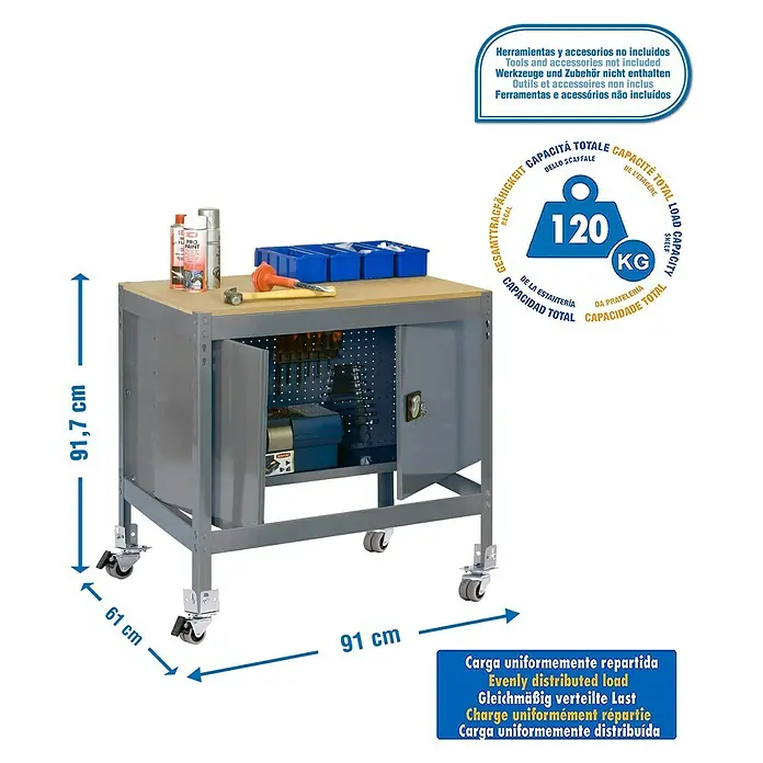 Simonrack Simonwork Banco de trabajo BT2 Locker Mobile - L x An: 61 x 91 cm, Altura de trabajo: 156 cm, Carga soportada: 120 kg, Gris - La imagen muestra una mesa de herramientas con cajones, montada sobre ruedas y cargada con diversas herramientas.