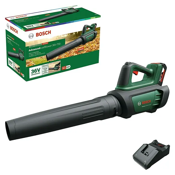 Bosch Power for All 36V Soplador de hojas de batería 36V-750 - 36 V, Iones de litio, 1 batería, Velocidad de soplado: 100 km/h - Imagen del soplador de hojas inalámbrico Bosch AdvancedLeafBlower 36V-750, con batería y cargador, ideal para jardinería.