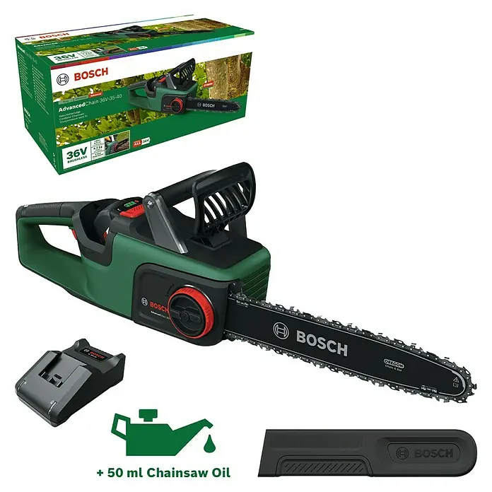 Bosch Power for All 36V Motosierra de batería Advanced Chain 35-40 - 36 V, Iones de litio, 1 batería, Longitud de la cuchilla: 35 cm - Motosierra a batería Bosch AdvancedChain 36V-35-40 con batería, cargador, protector de cadena y aceite.
