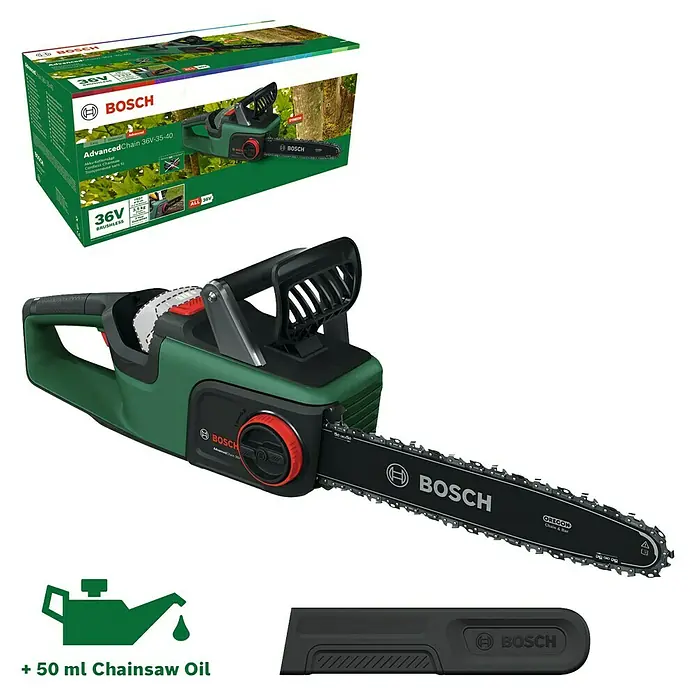 Bosch Power for All 36V Motosierra de batería Advanced Chain 35-40 - 36 V, Iones de litio, Sin batería, Longitud de la cuchilla: 35 cm - Motosierra inalámbrica Bosch AdvancedChain 36V-35-40 verde y negra, con su caja, protector de barra e icono de aceite de 50ml.
