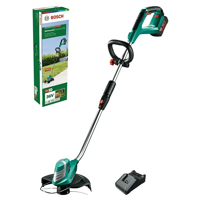 Bosch Power for All 36V Recortabordes de batería Advance GrassCut 36 - 36 V, 2 Ah, Iones de litio, 1 batería - La imagen muestra un cortacésped inalámbrico Bosch AdvancedGrassCut 36 con batería y embalaje del producto.